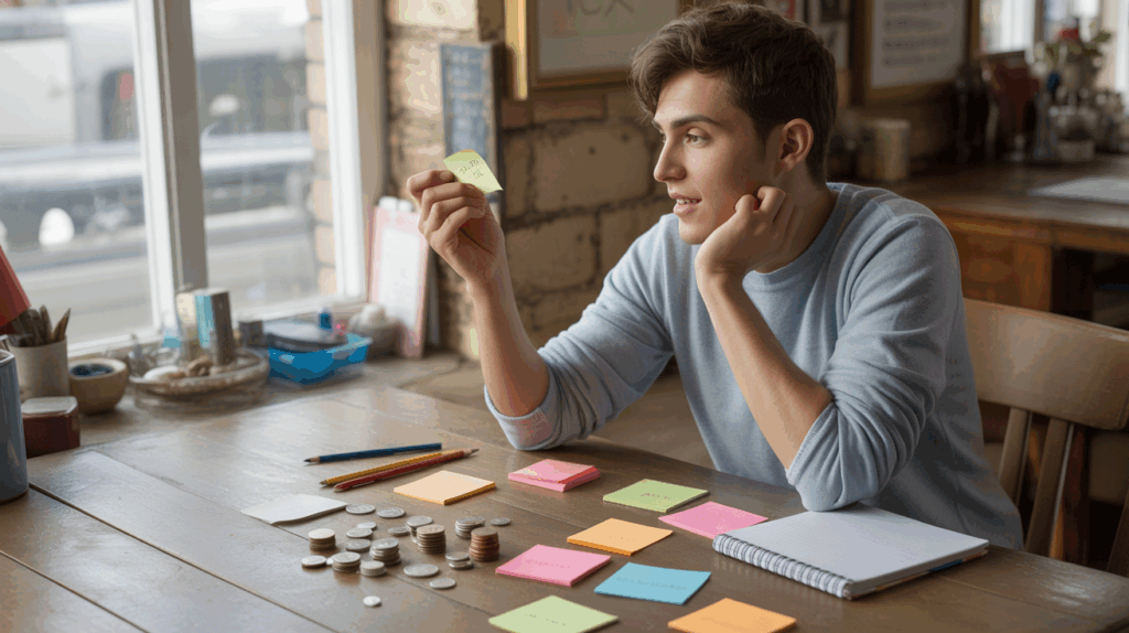 Jeune personne étudiant à une table ensoleillée, utilisant des objets du quotidien et des notes colorées pour apprendre à compter plus vite, dans une scène réaliste et naturelle.