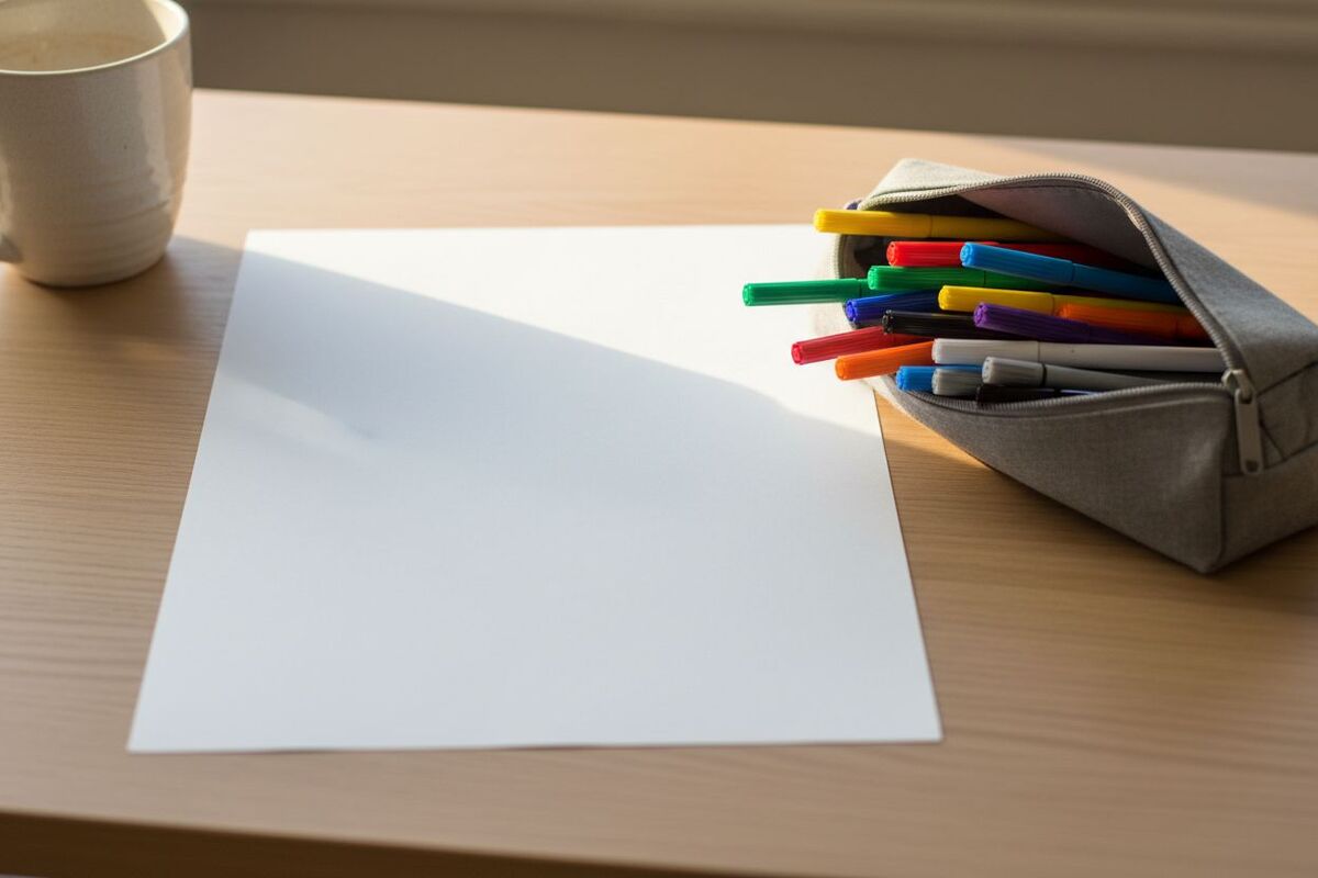 Une feuille A3 vierge posée à côté d'une trousse de feutres de couleur ouverte sur un bureau en bois