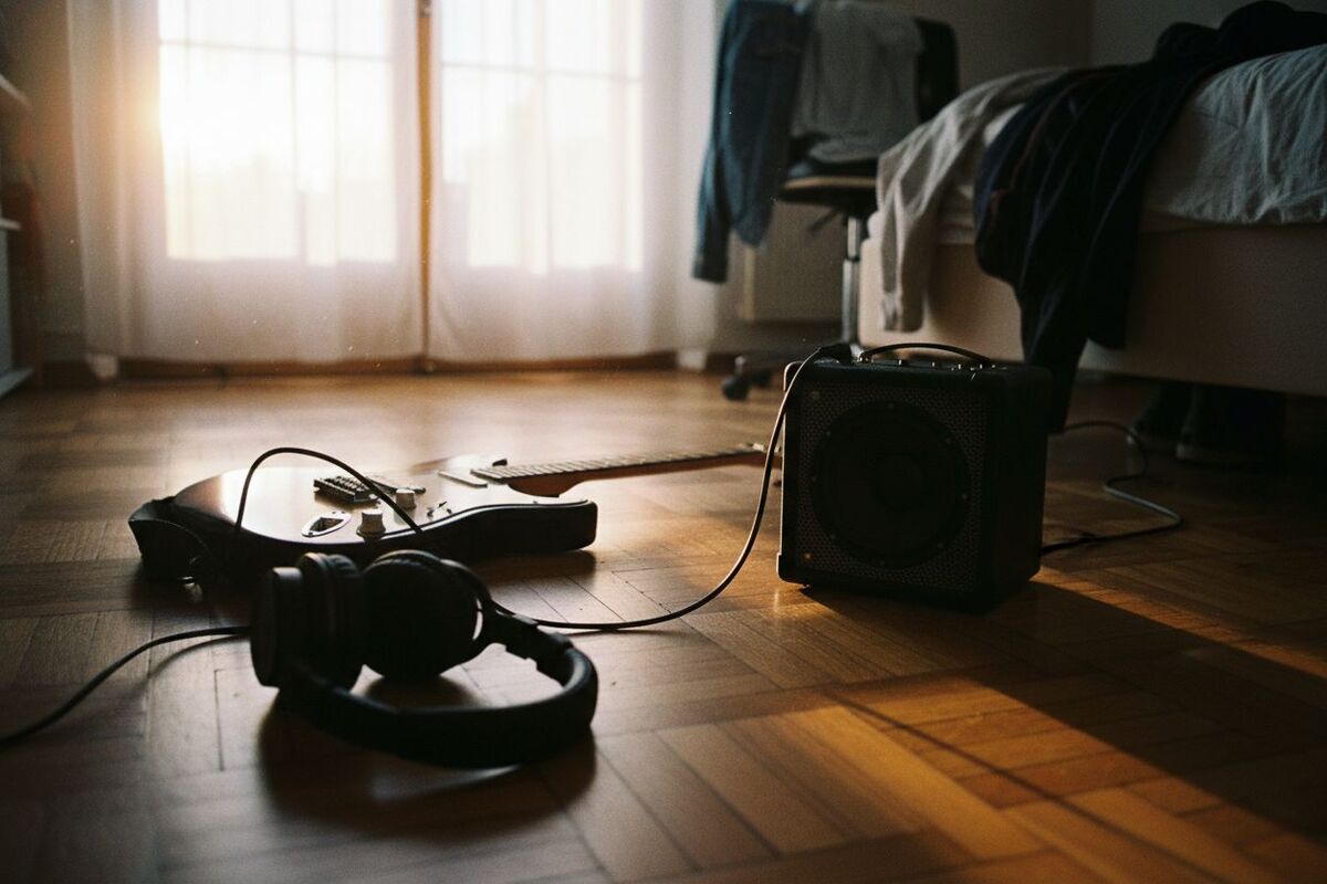 Une guitare électrique branchée sur un petit ampli d'entraînement, un casque posé à côté sur le parquet