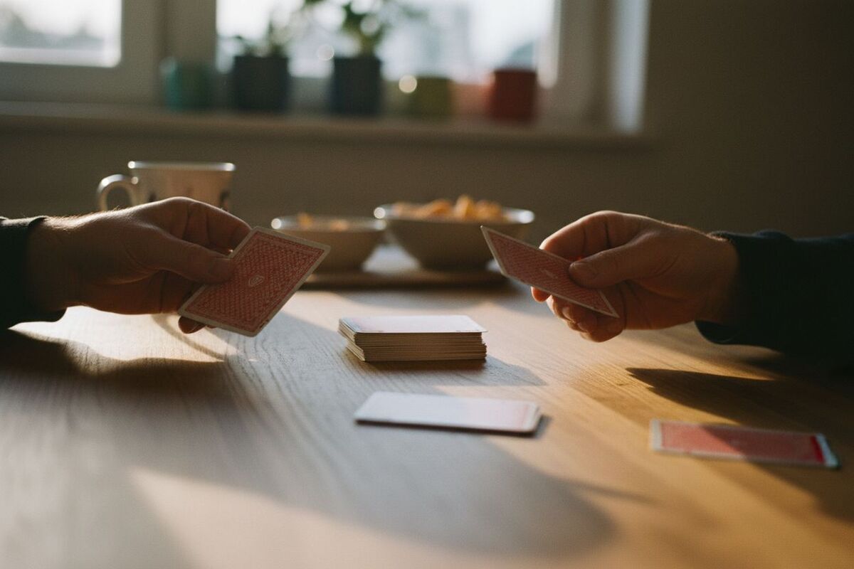 Deux mains d'adultes retournent chacune une carte à jouer sur une table de cuisine, pour une bataille des produits