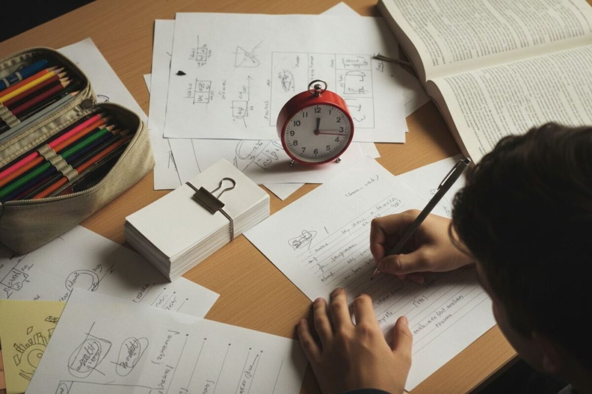 Un bureau d'élève de 3e avec des fiches bristol, un sujet d'annales et un chronomètre