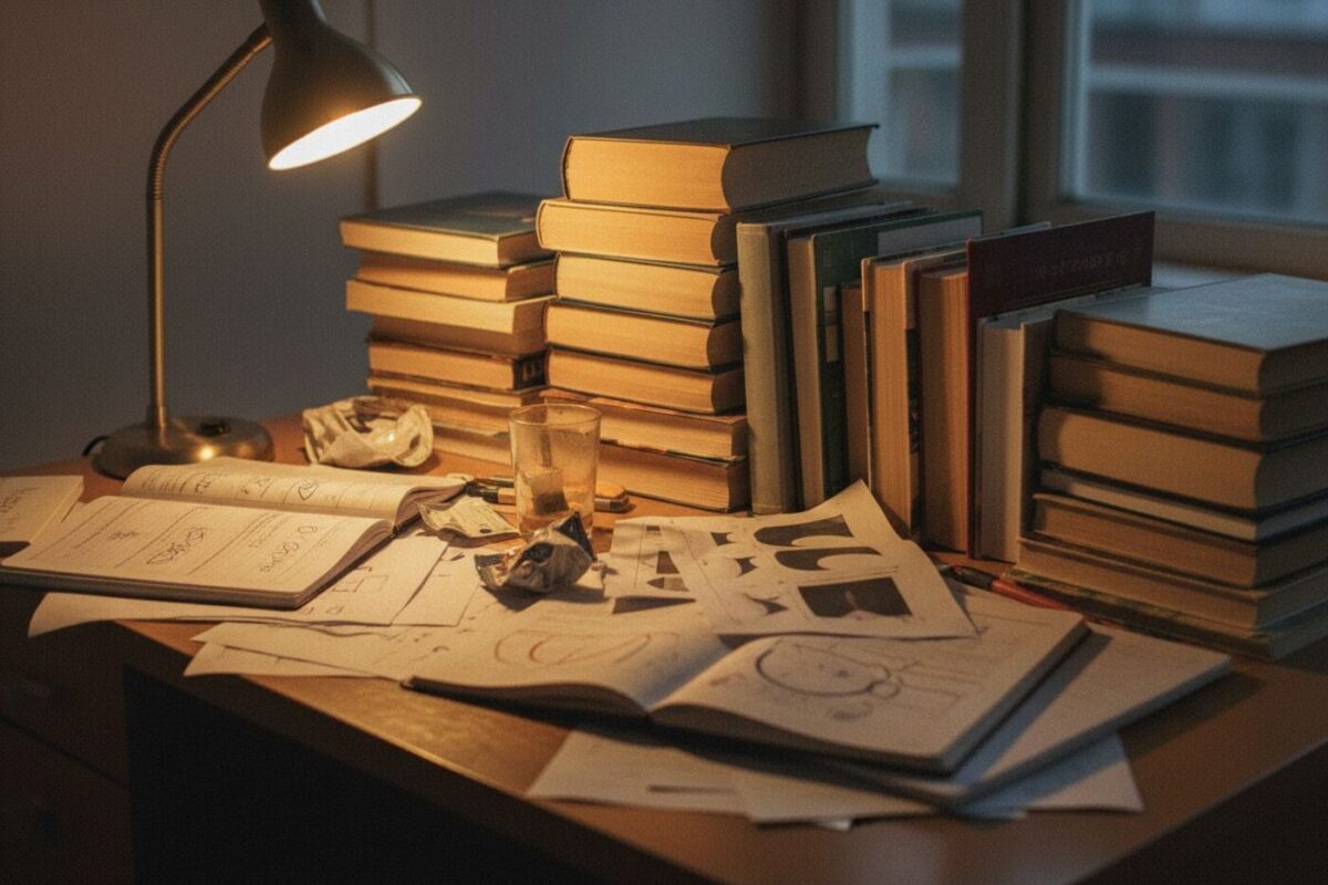 Un bureau d'élève couvert de cahiers et de fiches de révision