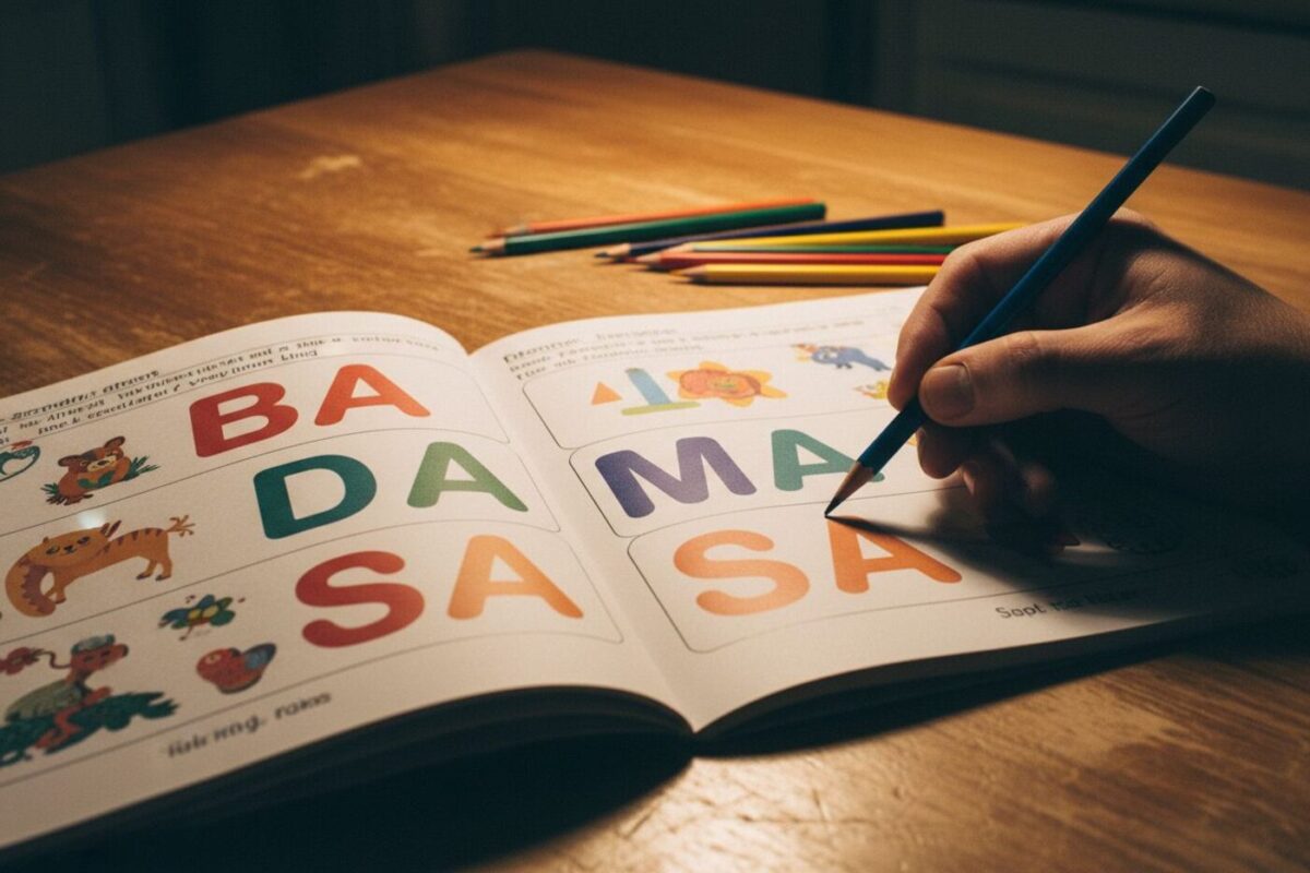 Un enfant suit du doigt des syllabes écrites sur un cahier