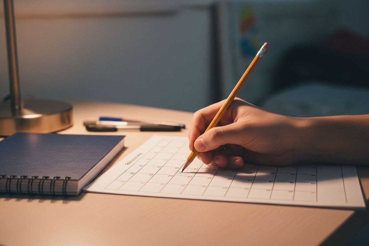Un crayon coche la première case d'un calendrier de révision imprimé posé sur un bureau
