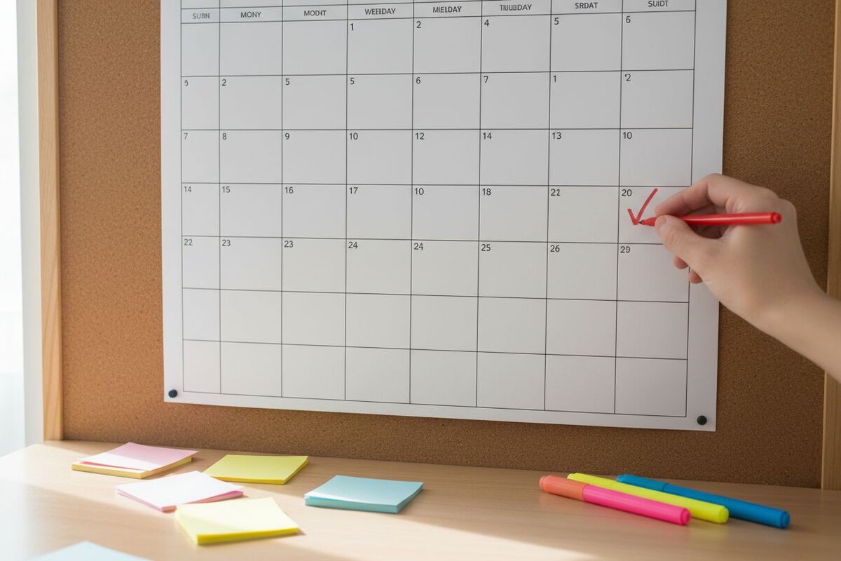 Une main d'adulte coche une case d'un calendrier papier accroché au mur au-dessus d'un bureau