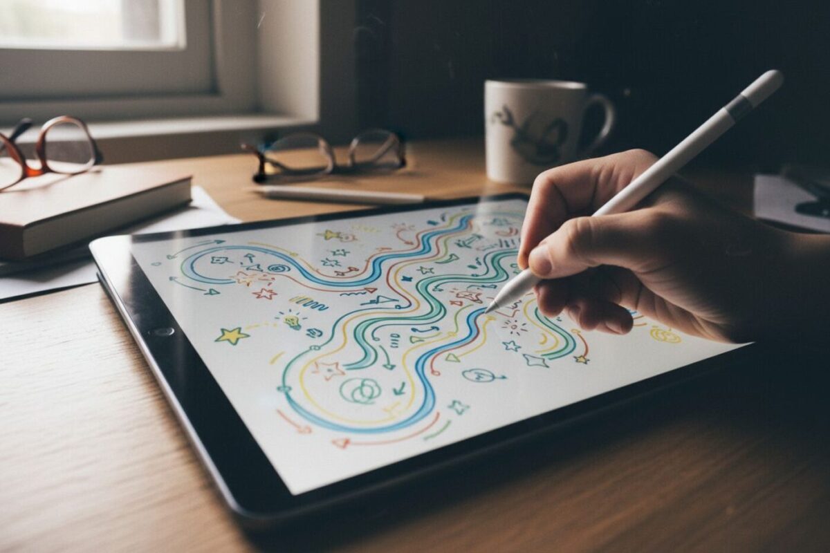 Une carte mentale dessinée au feutre, branches colorées autour d'un sujet central