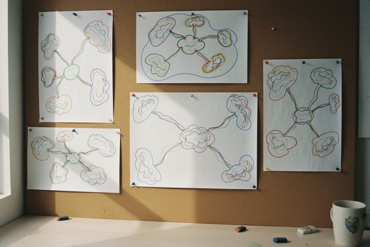Une carte mentale dessinée au feutre : un sujet au centre et des branches colorées