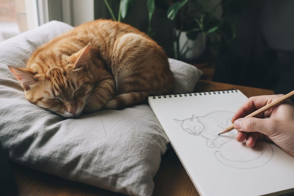 Un chat endormi en boule sur un coussin, à côté d'un carnet ouvert où ses volumes sont esquissés au crayon