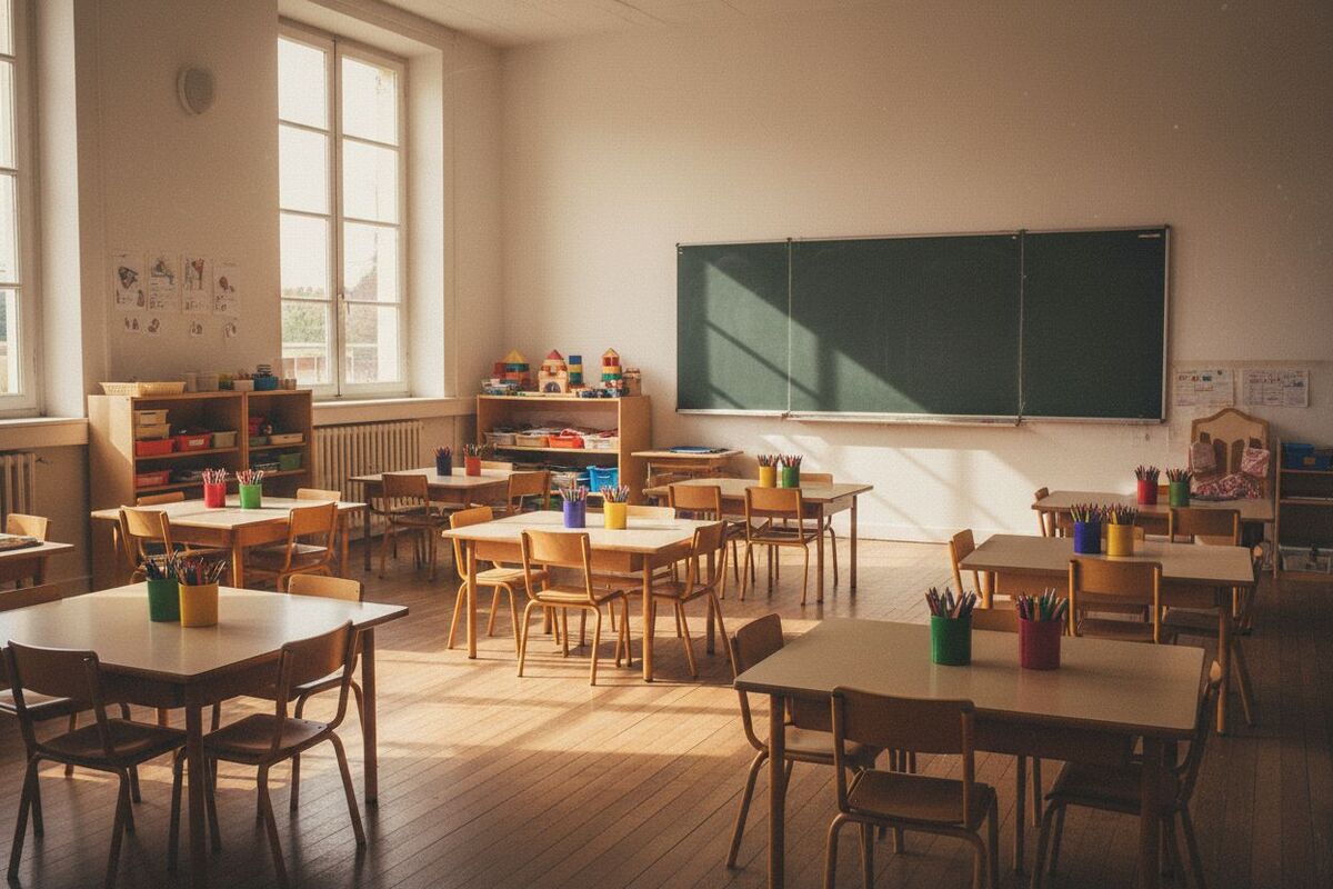 Une salle de classe de CP vide le matin, petites tables et chaises, lumière du jour