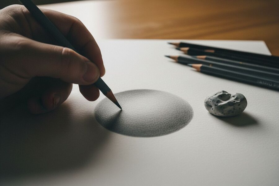 Une main ombre une sphère au crayon graphite