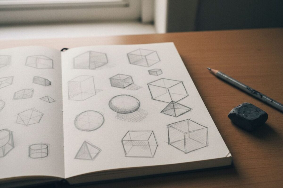 Une page de carnet couverte de cubes et de cylindres dessinés au crayon, avec leurs ombres