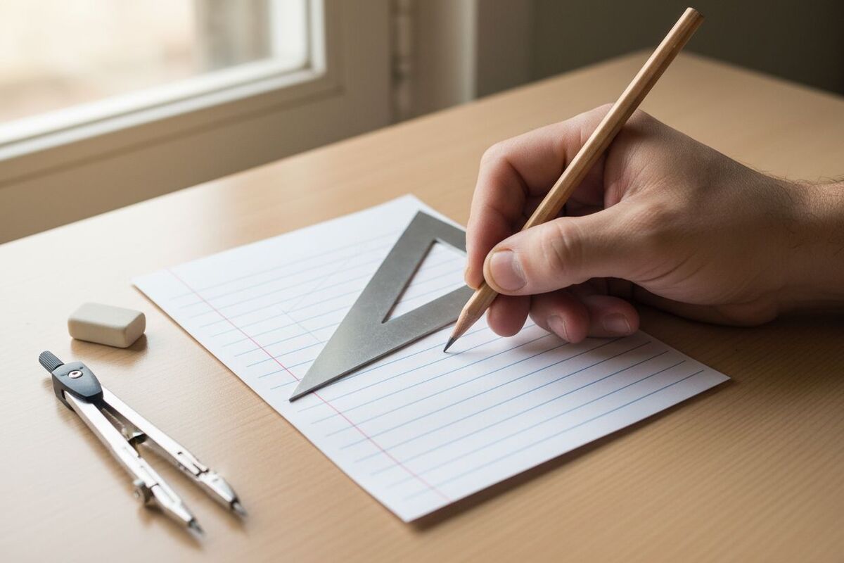 Une main trace un triangle rectangle à l'équerre sur une fiche bristol, à côté d'un compas