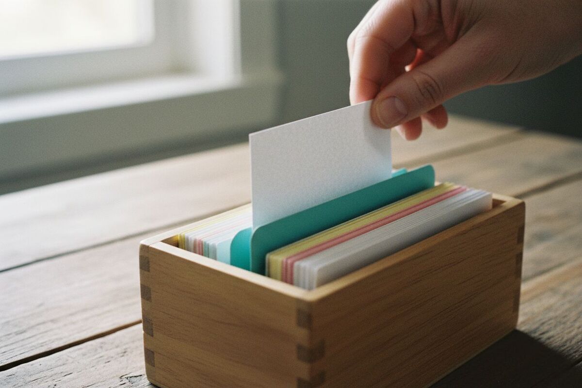 Une main d'adulte range une petite fiche cartonnée derrière un intercalaire, dans une boîte en bois posée sur une table