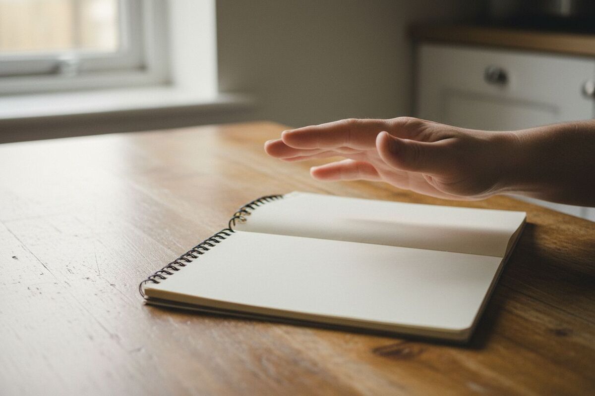 Les doigts d'un adulte tapent le rythme sur une table en bois, à côté d'un cahier ouvert