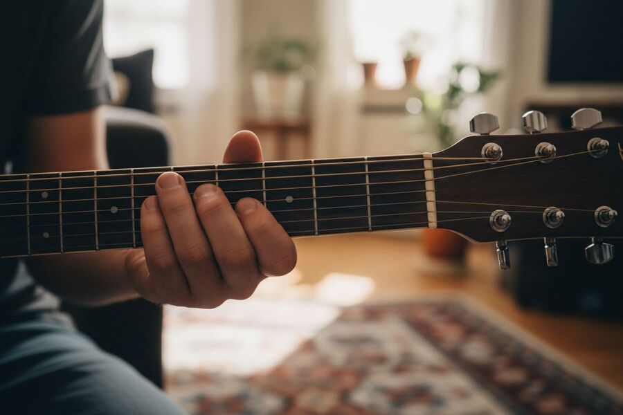 Une main forme un accord sur le manche d’une guitare