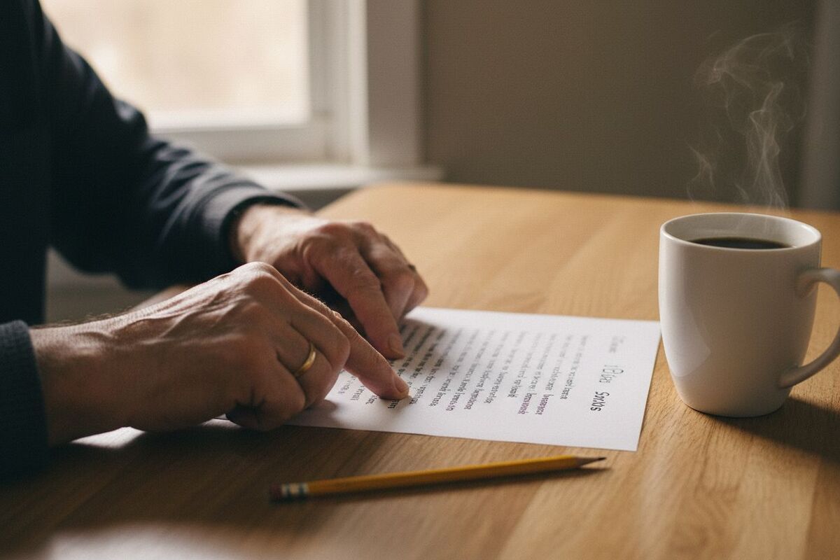 Un adulte suit du doigt les lignes d'une lettre posée sur une table de cuisine, un crayon à côté