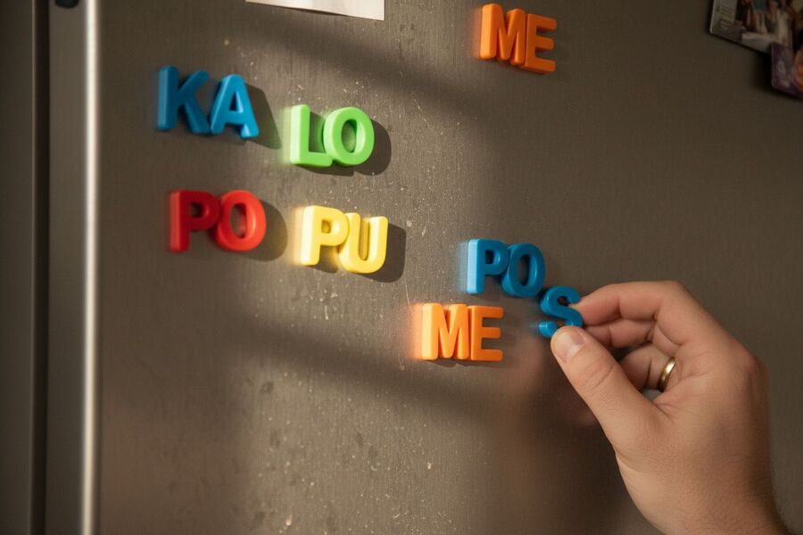 Des lettres aimantées forment des syllabes sur un réfrigérateur