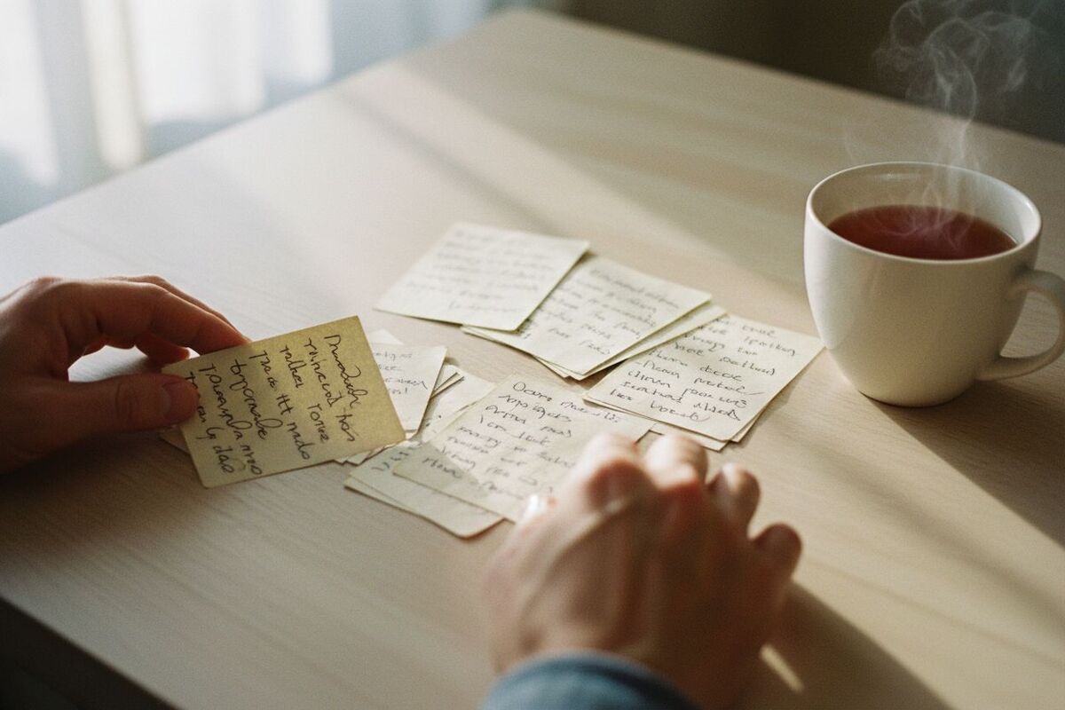 Des mains étalent une série de petites cartes de vocabulaire en éventail sur une table