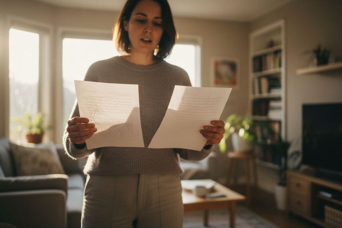 Un bureau de révision avec un texte découpé en blocs et des fiches annotées au crayon