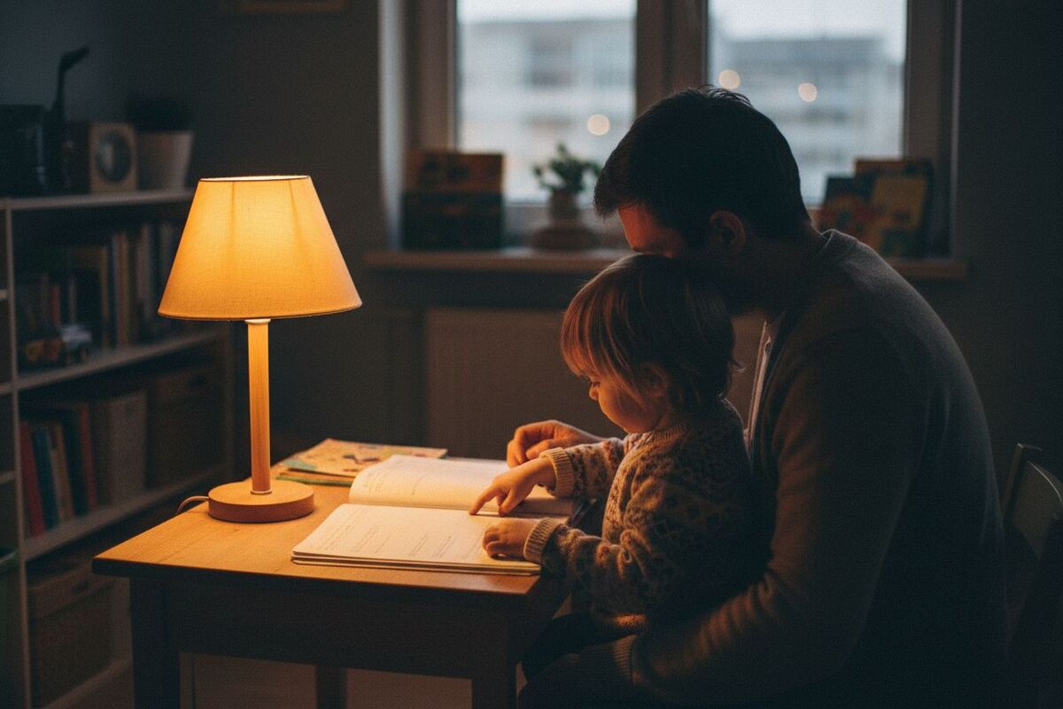 Un parent et un enfant vus de dos, assis côte à côte sous une lampe de bureau, un cahier ouvert devant eux