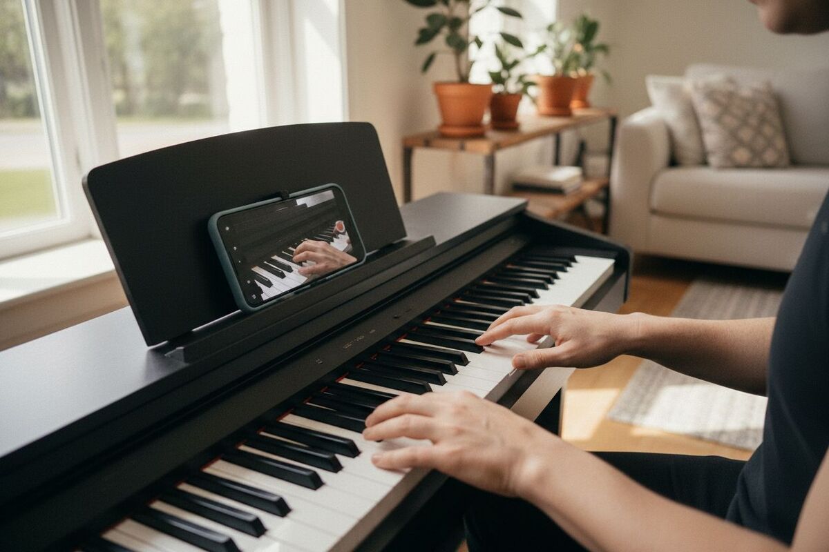Un téléphone posé sur le pupitre d'un piano numérique enregistre les mains d'un adulte sur le clavier