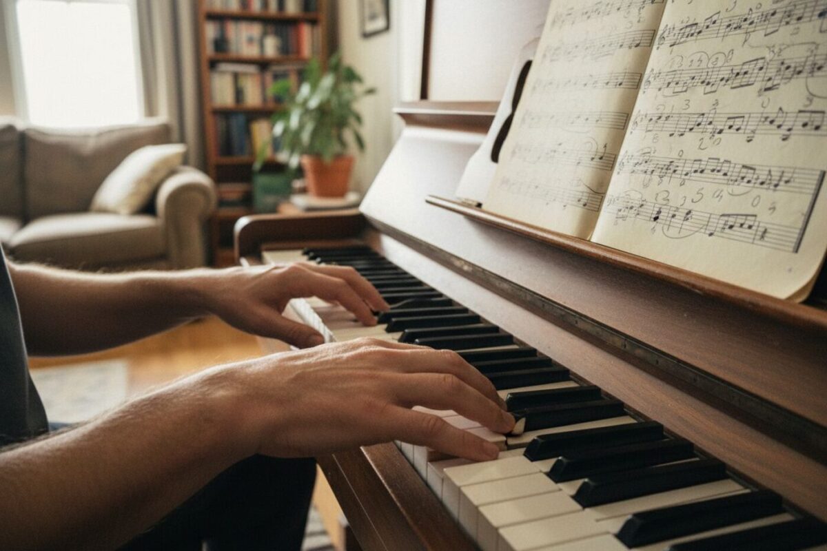 Une partition de débutant ouverte sur le pupitre d'un piano, crayon posé sur les touches