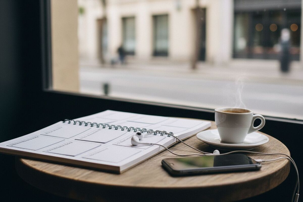 Un téléphone et des écouteurs posés sur un carnet de vocabulaire ouvert, sur une table de café