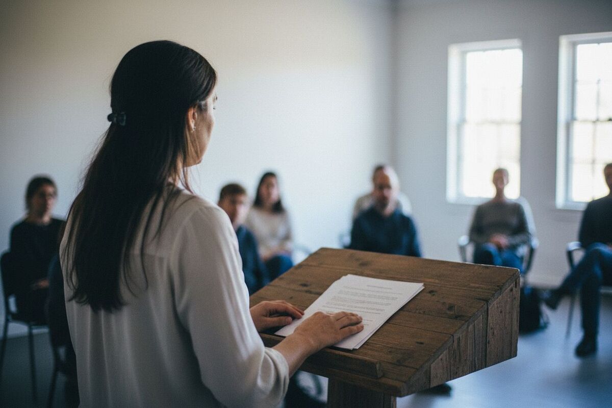 Un adulte debout derrière un pupitre, les notes posées à plat, le regard vers la salle