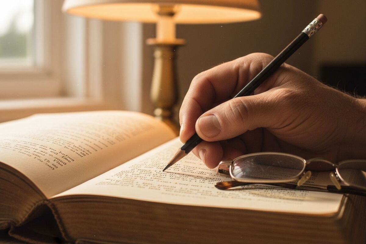Une main d'adulte tient un crayon à papier au-dessus d'un recueil de poèmes ouvert, prête à marquer les coupes d'un vers