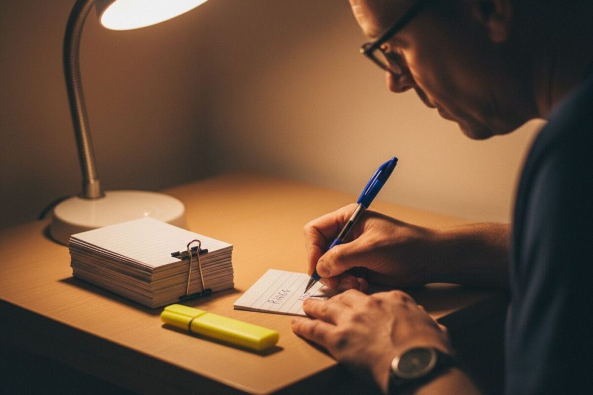 Un bureau de révision avec un calendrier, des fiches bristol et des surligneurs