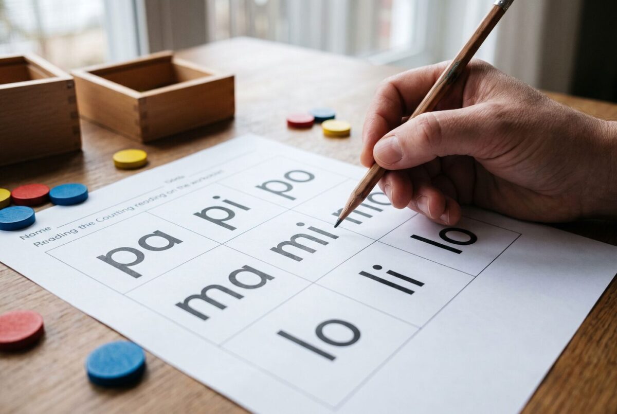 Des syllabes écrites sur des étiquettes cartonnées posées sur une table d'écolier