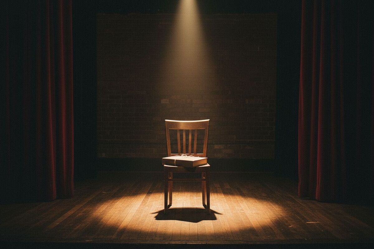Une scène de petit théâtre vide, éclairée par un projecteur, une chaise et un manuscrit posé dessus