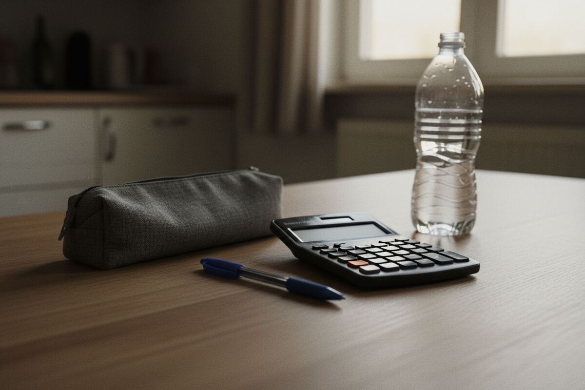 Une trousse fermée, une calculatrice, un stylo et une gourde posés sur une table la veille de l'épreuve