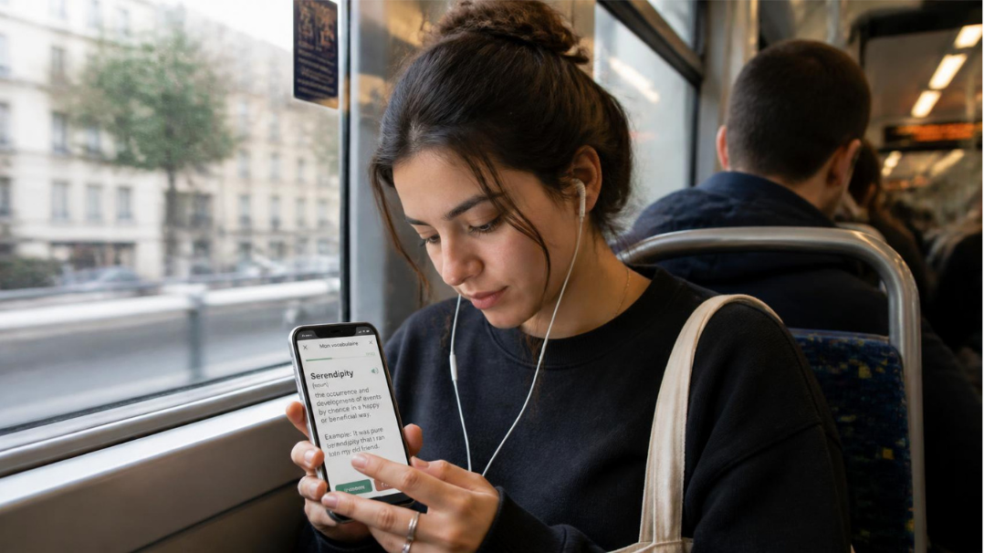 Personne révisant son vocabulaire anglais sur son téléphone dans les transports